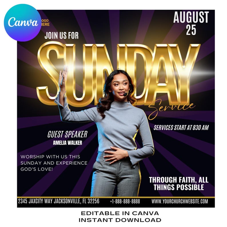 May include: A flyer for a Sunday service on August 25th, featuring a woman speaking at a podium. The flyer is purple with gold text and a gold background. The text reads "Sunday Service", "Guest Speaker Amelia Walker", "Worship with us this Sunday and experience God's love!" and "Through faith, all things possible".