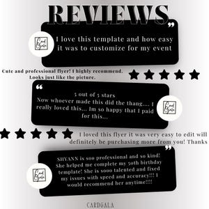 May include: A black and white graphic with the word "REVIEWS" at the top. The graphic includes customer testimonials with star ratings and the text "I love this template and how easy it was to customize for my event."