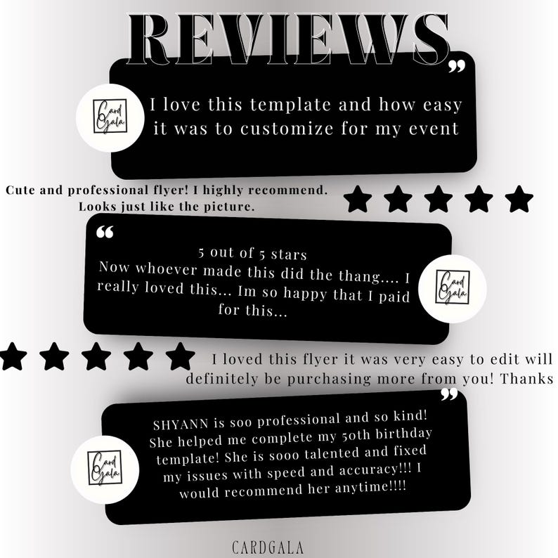 May include: A black and white graphic with the word "REVIEWS" at the top. The graphic includes customer testimonials with star ratings and the text "I love this template and how easy it was to customize for my event."