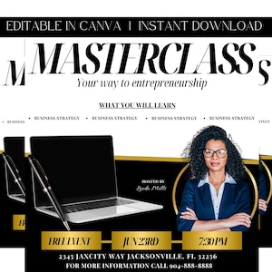 Puede incluir: Un folleto negro y dorado con el texto "MASTERCLASS" en letras blancas grandes. El folleto anuncia una clase magistral de negocios organizada por Linda Mills el 23 de junio a las 7:30 PM. El folleto incluye la dirección 2345 Jaxcity Way Jacksonville, FL 32256 y un número de teléfono para obtener más información.