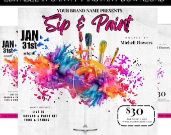 Paint And Sip Party Flyer, Painting Event, Party Flyer, Club Event, Event Flyer, Premade Template