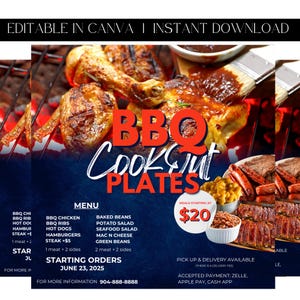 May include: A promotional image for BBQ Cookout Plates, featuring grilled chicken and ribs. The menu includes various sides, with meals starting at $20. The image also includes the text "Editable in Canva | Instant Download."