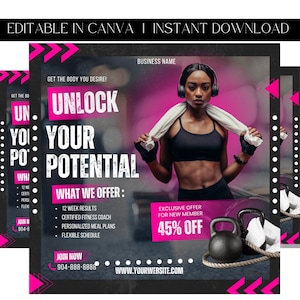 Puede incluir: Un folleto de fitness rosa y negro con una mujer que lleva un sujetador deportivo negro y leggings negros. El folleto anuncia un programa de fitness de 12 semanas con un entrenador de fitness certificado, planes de comidas personalizados y un horario flexible. El folleto también incluye una oferta exclusiva para nuevos miembros: 45% de descuento. El texto del folleto dice "Desbloquea tu potencial".