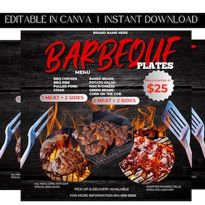 May include: A digital menu for barbeque plates, featuring images of grilled meats and sides. The menu includes options like BBQ chicken, ribs, pulled pork, and steak. The design is dark with red text and flames, with meals starting at $25.
