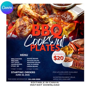 May include: A promotional image for a BBQ cookout, featuring grilled chicken and ribs. The image includes text that reads "BBQ Cookout Plates" and a menu with options like BBQ chicken, ribs, and sides. Meals start at $20.