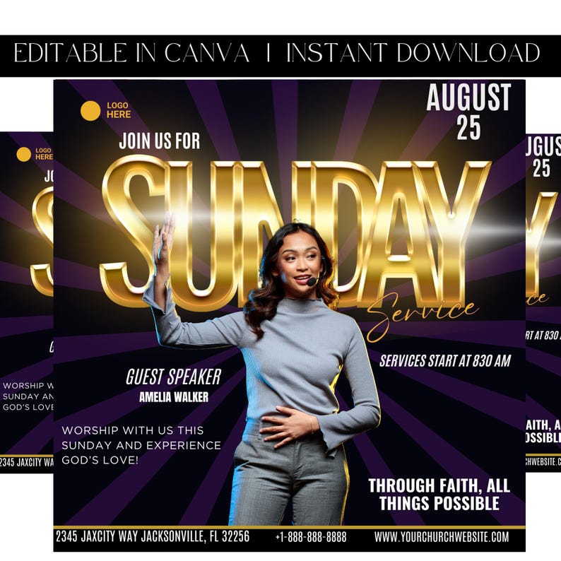 May include: A flyer for a Sunday service at a church. The flyer features a woman standing in front of a gold and purple background. The text on the flyer reads "Sunday Service" and "August 25".