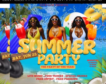 Summer Party Flyer, DIY Party Flyer, Beach Party, Club Night Flyer, Pool Party, Premade Template