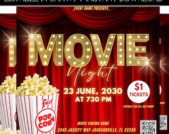 Movie Night Template, Cinema Party, Movie Event Flyer, Movie Theme Party, Premade Template