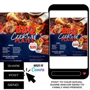 May include: A BBQ Cookout Plates menu with images of grilled chicken, ribs, and sides. The menu includes options like BBQ chicken, hamburgers, and steak. Starting orders are June 23, 2025, with meals starting at $20.