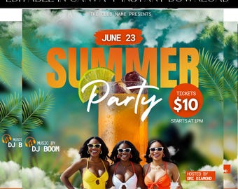 Summer Party Flyer, DIY Party Flyer, Beach Party, Club Night Flyer, Pool Party, Premade Template, Day Party
