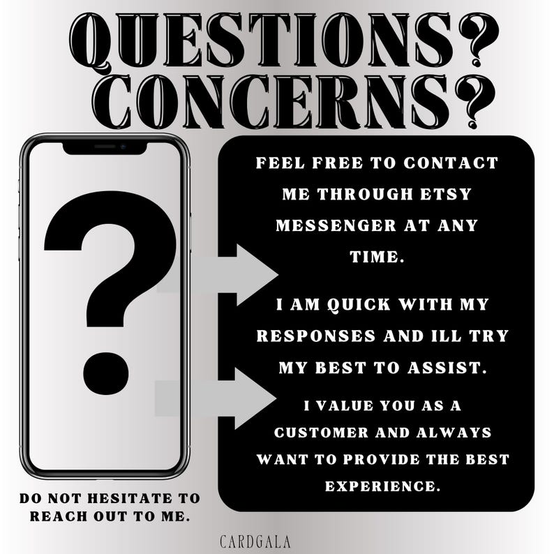 May include: Image with the text "QUESTIONS? CONCERNS?" and a smartphone graphic with a question mark. Text on a black background reads: "Feel free to contact me through Etsy messenger at any time."