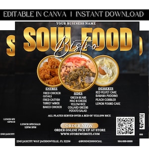 May include: A digital menu for a Soul Food Bistro, featuring gold text on a black background. The menu lists entrees like fried chicken and sides such as mac and cheese. Desserts include red velvet cake. The menu also includes the text "Editable in Canva | Instant Download."