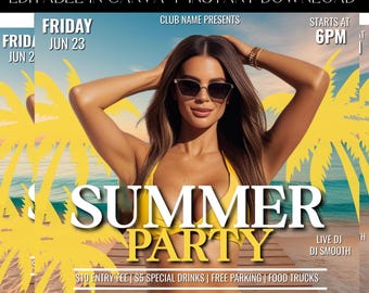 Summer Party Flyer, DIY Party Flyer, Beach Party, Club Night Flyer, Pool Party, Premade Template