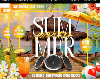 Summer Party Flyer, DIY Party Flyer, Beach Party, Club Night Flyer, Pool Party, Premade Template