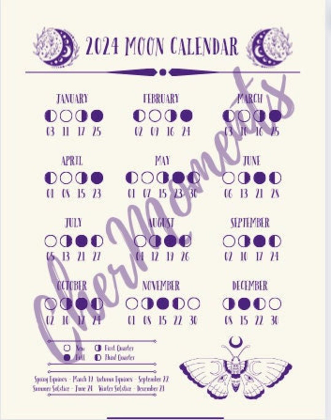 2024 Moon Phase Calendar / Solstice Equinox Calendar Purple Etsy