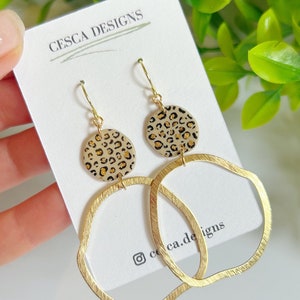 Leopard print earrings / gold dangle earrings / handmade statement jewellery / animal print earrings / polymer clay gift for her / Leopard image 1