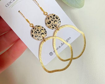 Leopard print earrings / gold dangle earrings / handmade statement jewellery / animal print earrings / polymer clay gift for her / Leopard