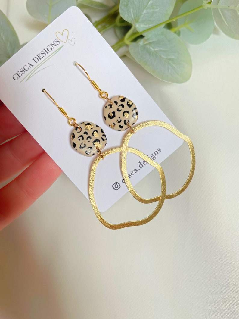 Leopard print earrings / gold dangle earrings / handmade statement jewellery / animal print earrings / polymer clay gift for her / Leopard image 3