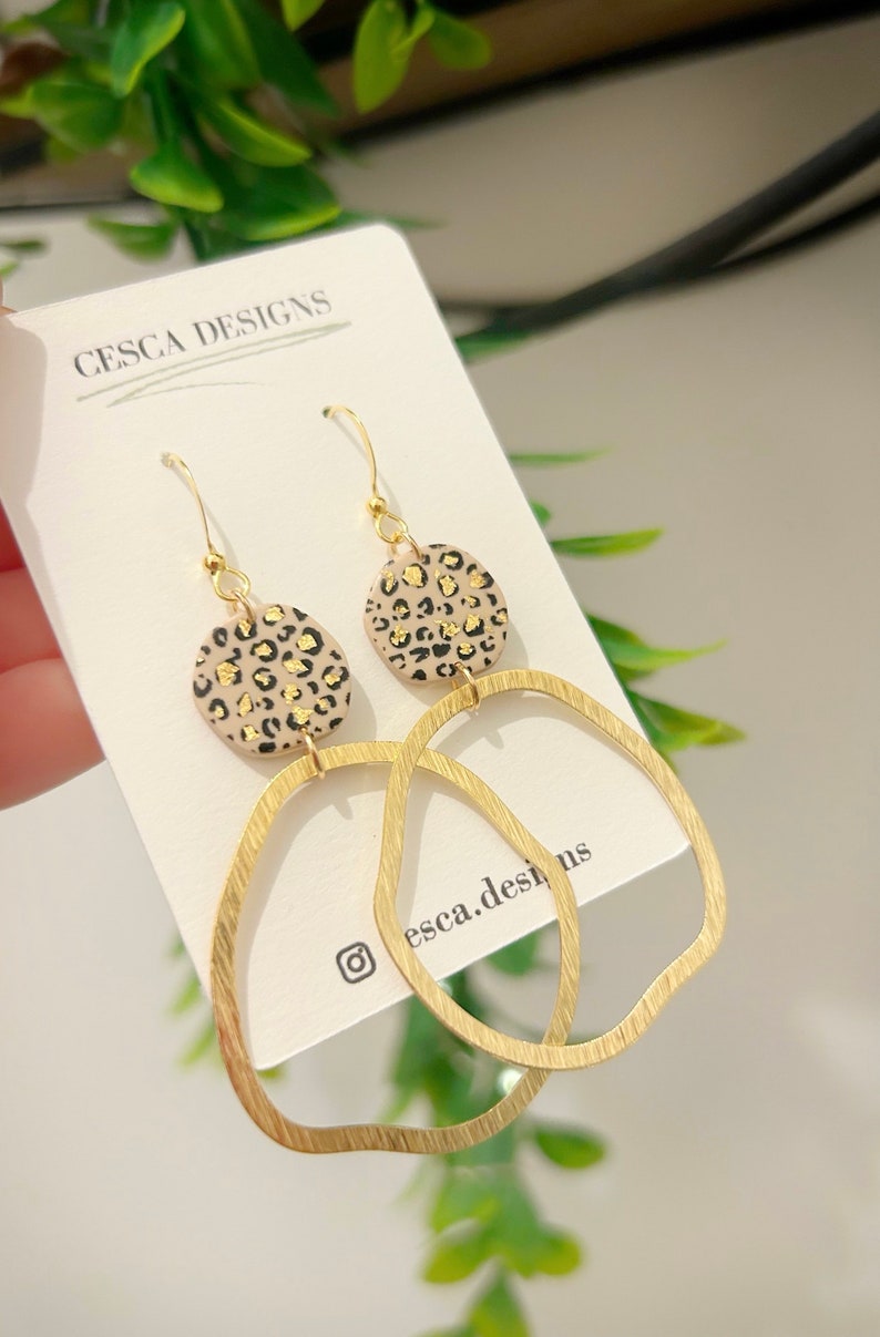 Leopard print earrings / gold dangle earrings / handmade statement jewellery / animal print earrings / polymer clay gift for her / Leopard image 2