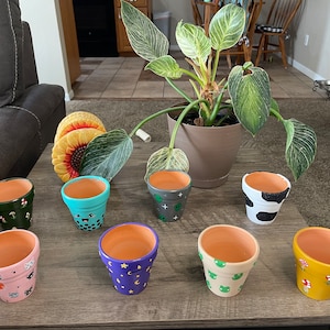 May include: Eight small terracotta pots painted with different designs. The pots are arranged on a wooden table. The designs include mushrooms, aliens, cats, and a cow.
