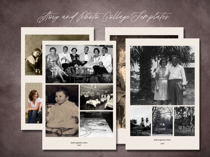 Puede incluir: Una plantilla de collage con fotos en blanco y negro de personas y lugares. La plantilla tiene un fondo beige y el texto "A&ntilde;adir leyendas aqu&iacute;, p&aacute;gina" en la parte inferior.
