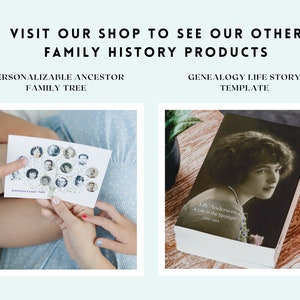 Puede incluir: Dos productos de historia familiar: un &aacute;rbol geneal&oacute;gico de ancestros personalizable con una foto de un ni&ntilde;o se&ntilde;alando un &aacute;rbol geneal&oacute;gico con fotos de miembros de la familia, y una plantilla de historia de vida geneal&oacute;gica con una foto vintage de una mujer en la portada. La plantilla tiene el texto "Lily Andersen, Una vida en el centro de atenci&oacute;n, 1900-1964".