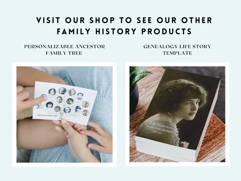 Puede incluir: Dos productos de historia familiar: un &aacute;rbol geneal&oacute;gico de ancestros personalizable con una foto de un ni&ntilde;o se&ntilde;alando un &aacute;rbol geneal&oacute;gico con fotos de miembros de la familia, y una plantilla de historia de vida geneal&oacute;gica con una foto vintage de una mujer en la portada. La plantilla tiene el texto "Lily Andersen, Una vida en el centro de atenci&oacute;n, 1900-1964".