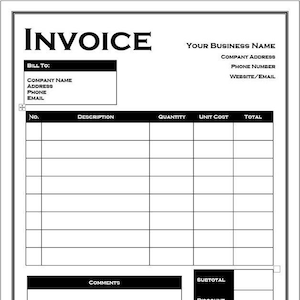 Könnte beinhalten: Eine schwarz-weiße Rechnungsvorlage mit Feldern für Rechnungsinformationen, Artikelbeschreibung, Menge, Einzelpreis, Gesamtbetrag, Zwischensumme, Rabatt, Steuern und Gesamtbetrag. Die Vorlage enthält einen Abschnitt für Kommentare.