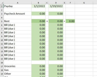 May include: A green and white spreadsheet with the title "Payday" and columns labeled "1/1/2022" and "1/19/2022". The spreadsheet includes rows for "Paycheck Amount", "Rent", "Bill (due)", "Groceries", "Gas", "Other", and "Total Spent".