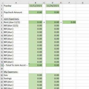 Simple Bi-Weekly Joint Bills Microsoft Excel Spreadsheet Template - Budgeting - Budget