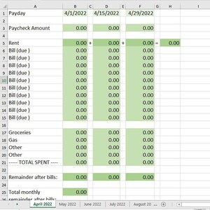 Full Year - May 2025 through May 2026 - Simple Bi-Weekly Bills Microsoft Excel Spreadsheet Template - Budgeting - Budget - Start date 5/2/25