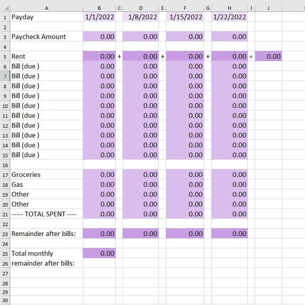 Eenvoudige wekelijkse facturen Microsoft Excel Spreadsheet Template - Budgettering - Budget - Paars