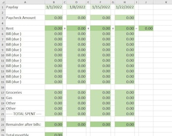 Simple Weekly Bills Microsoft Excel Spreadsheet Template - Budgeting - Budget