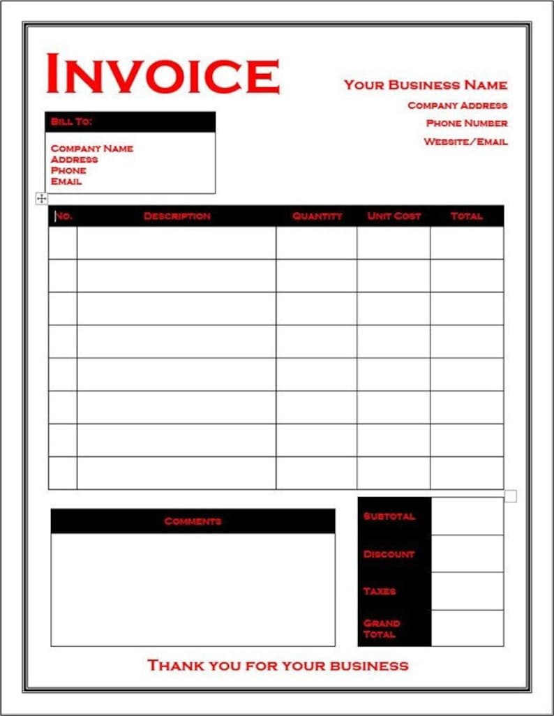 Invoice Template - Printable - Editable - Customizable - Microsoft Word ...