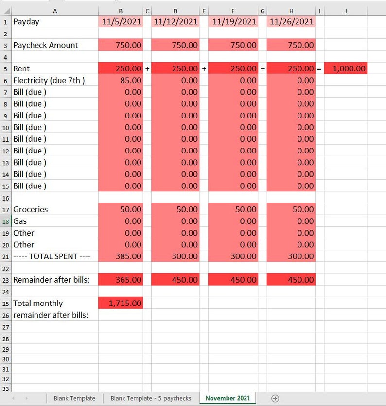 Simple Weekly Bills Microsoft Excel Spreadsheet Template - Budgeting ...