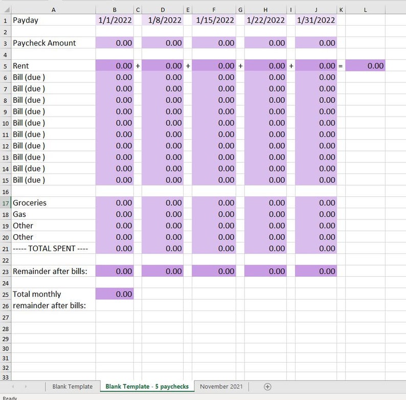 Simple Weekly Bills Microsoft Excel Spreadsheet Template - Budgeting ...