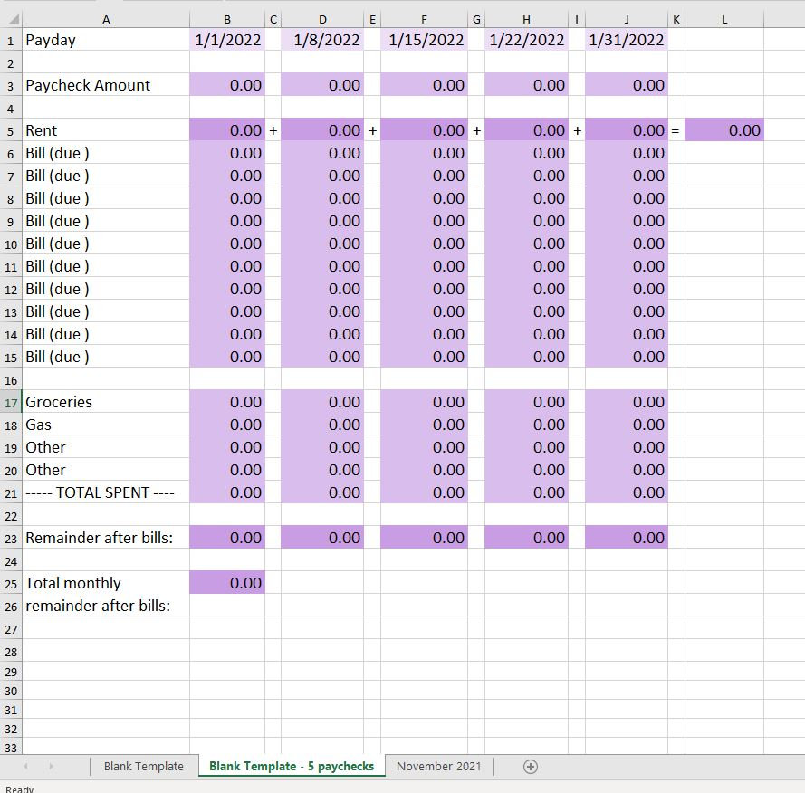 Simple Weekly Bills Microsoft Excel Spreadsheet Template - Budgeting ...