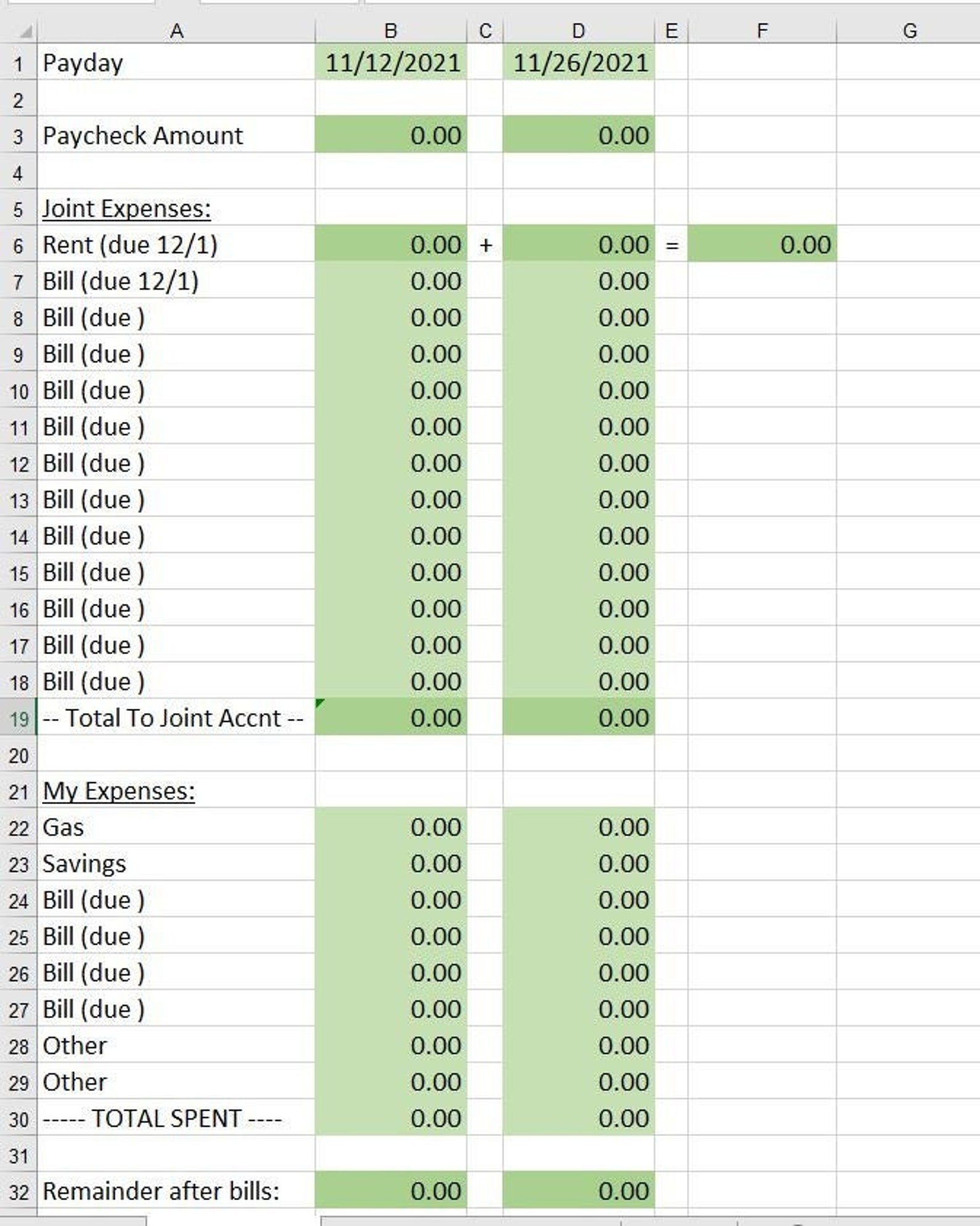 Simple Biweekly Joint Bills Microsoft Excel Spreadsheet Template