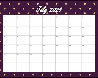 May include: A printable calendar for July 2024 with a purple background and gold polka dots. The calendar is divided into seven columns for each day of the week, with the days of the week labelled at the top.