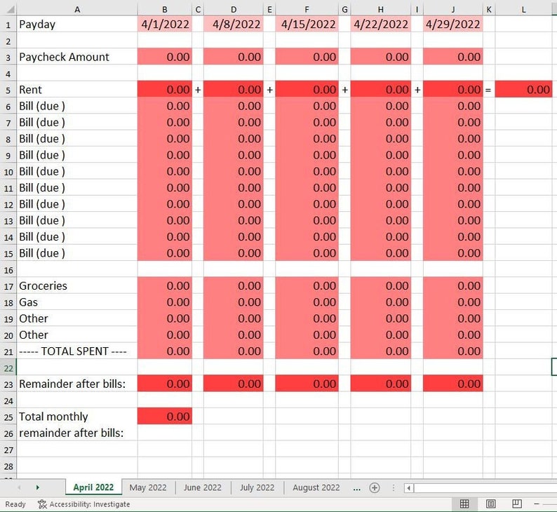 Full Year July 2023 Through July 2024 Simple Weekly Bills Etsy