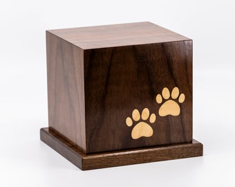 Handcrafted Walnut Pet Urn with Inlaid Paw Prints – Custom Wood Pet Memorial Box