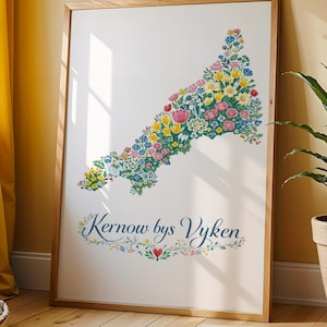 Floral Cornwall Map Print, Cornwall Wall Art, Cornish Flower Poster, Cornwall Decor, Cornish Gift