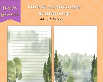 Printable Green Forest Landscape Stationery | Letter Writing Set | A4 | US Letter | PDF | Instant Download | Digital Paper Pack | Watercolor