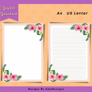Lindos artigos de papelaria para impressão de flores de hibisco, carta A4 dos EUA, PDF, download digital, pacote de papel, conjunto de escrita de cartas