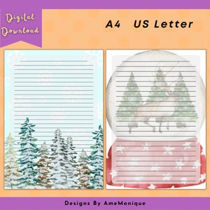 Winterurlaub druckbares Briefpapier, Weihnachtsbaum, Schneekugel, Schneeflocke, A4 US Letter, PDF, Brieffreundschaft, Snail Mail, Briefpapier