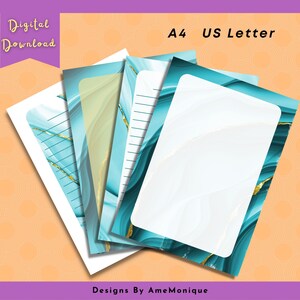 May include: Four printable stationery sheets with a blue and gold marble design. The sheets include a lined sheet, a blank sheet, a sheet with a gold border, and a sheet with a gold border and a blank space for writing.