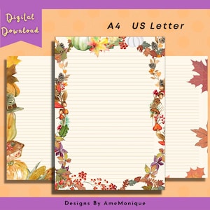 May include: Printable lined paper with a fall theme border. The border features pumpkins, leaves, acorns, and berries in shades of orange, red, brown, and green. The text "A4 US Letter" is at the top of the page.