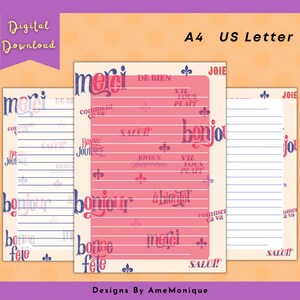 Papelería temática francesa imprimible, frases en francés, flor de lis, carta estadounidense A4, descarga digital, paquete de papel