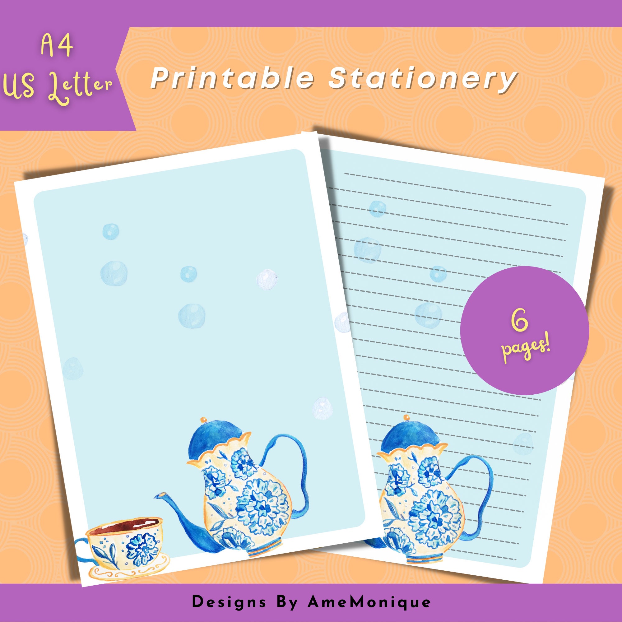 Spill the Tea Printable Stationery, Teatime, Watercolor Tea Cups, A4 US ...