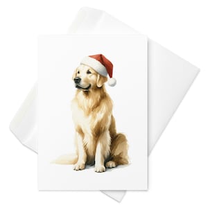 Cartão de Papai Noel Golden Retriever - Saudação de Natal de cachorro em aquarela - Retrato festivo de feriado dourado - Correio de Natal canino